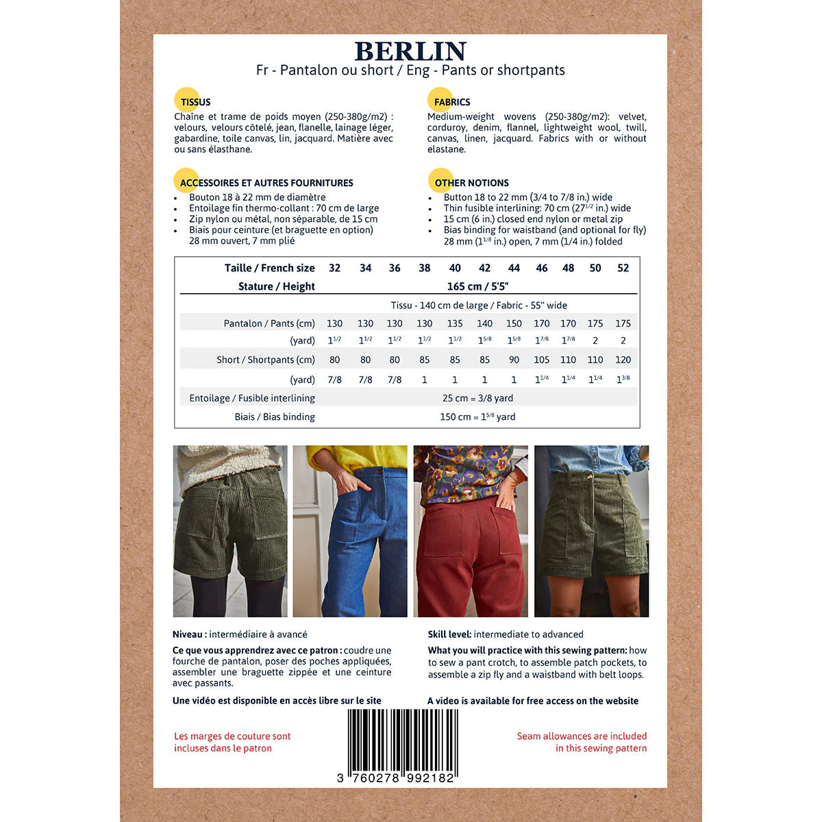 BERLIN Pantalon et Short - Patron de couture - IKATEE Patron de couture Ikatee | Gaspard et Léonie Tissus en ligne et Mercerie à Toulouse