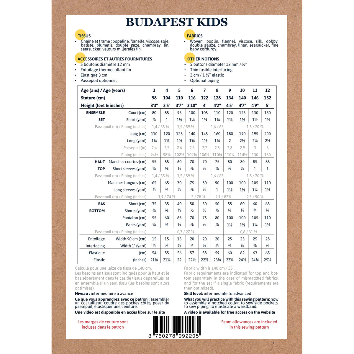 Pyjama BUDAPEST KIDS - Patron de couture pochette - IKATEE Patron de couture Ikatee | Gaspard et Léonie Tissus en ligne et Mercerie à Toulouse