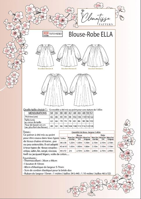 Robe/Blouse ELLA Patron de couture Pochette - CLEMATISSE PATTERN Patron de couture CLEMATISSE PATTERN | Gaspard et Léonie Tissus en ligne et Mercerie à Toulouse