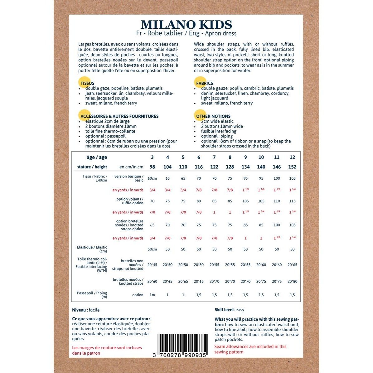 Robe tablier MILANO KIDS patron de couture pochette IKATEE Patron de couture Ikatee | Gaspard et Léonie Tissus en ligne et Mercerie à Toulouse