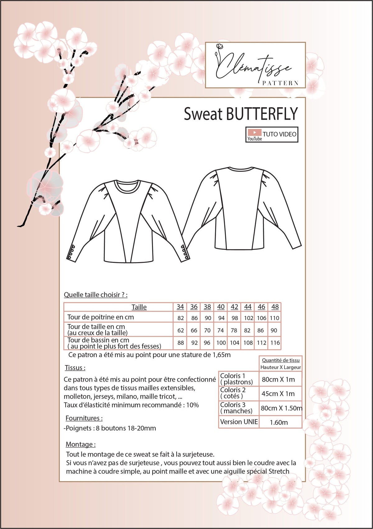 Sweat BUTTERFLY Patron de couture Pochette - CLEMATISSE PATTERN Patron de couture CLEMATISSE PATTERN | Gaspard et Léonie Tissus en ligne et Mercerie à Toulouse