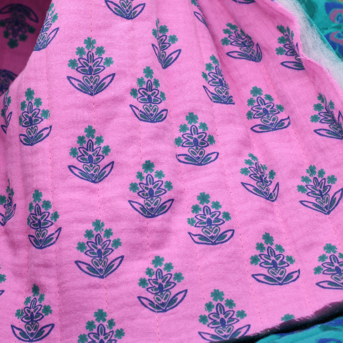 Tissu Double gaze de coton Matelassé FLEURI - Turquoise / Rose (Vendu x10cm) Tissus Sélection Gaspard & Léonie | Gaspard et Léonie Tissus en ligne et Mercerie à Toulouse