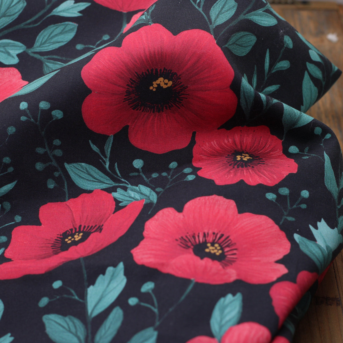 Tissu popeline de coton fleuri - COQUELICOTS- Noir /Rouge (Vendu x10cm) Tissus Sélection Gaspard & Léonie | Gaspard et Léonie Tissus en ligne et Mercerie à Toulouse
