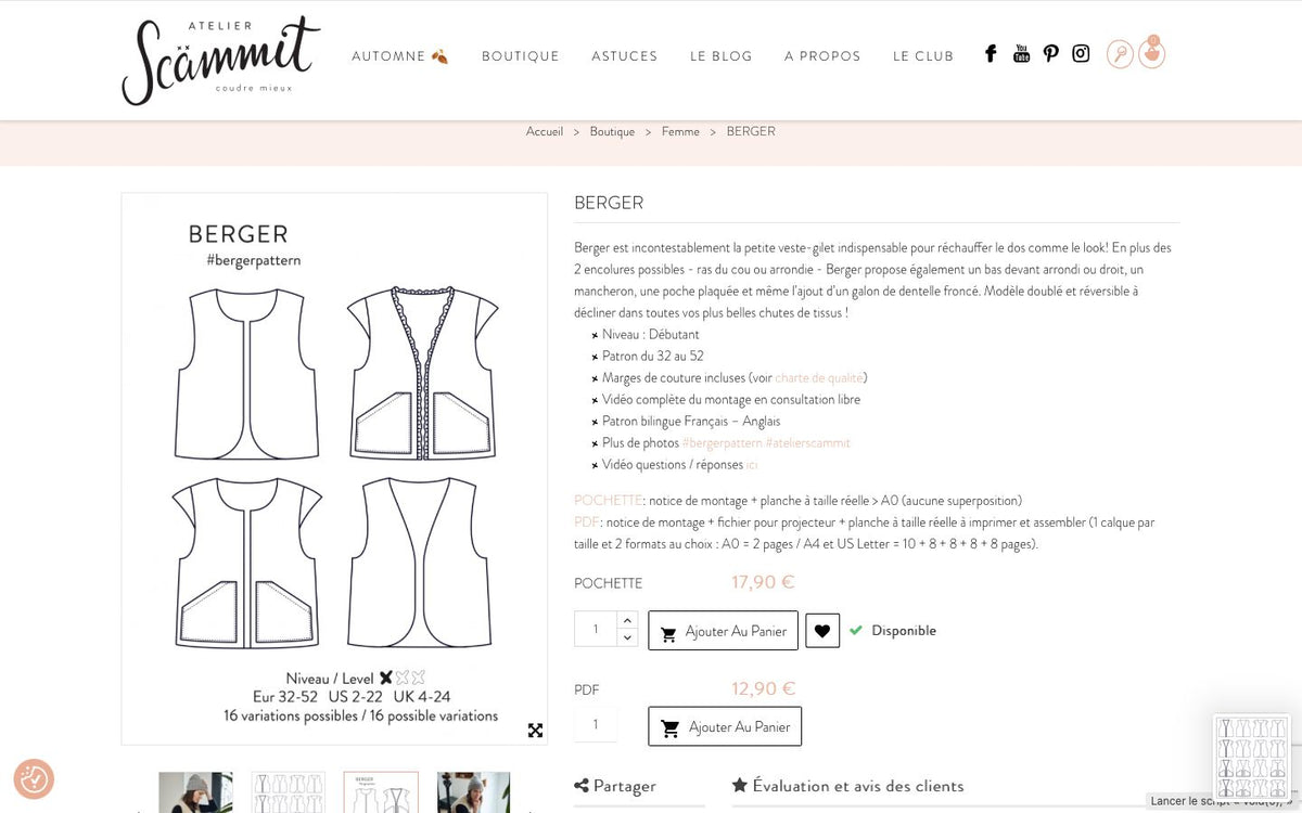 Veste/Gilet BERGER Patron de couture pochette - Atelier SCÄMMIT Patron de couture ATELIER SCÄMMIT | Gaspard et Léonie Tissus en ligne et Mercerie à Toulouse