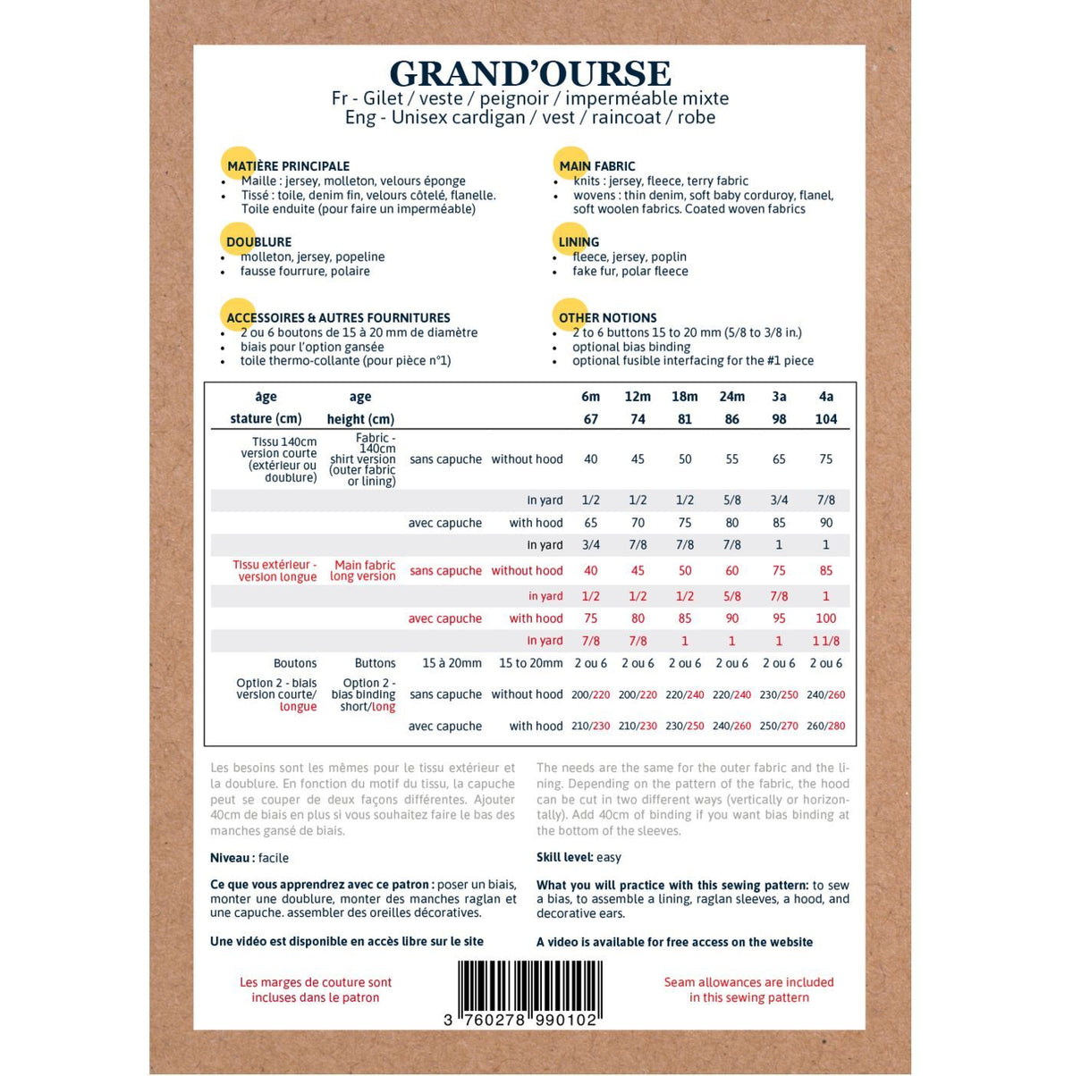 GRAND’OURSE Gilet Veste Peignoir Imperméable Mixte patron de couture pochette - L'atelier de Gaspard et Léonie